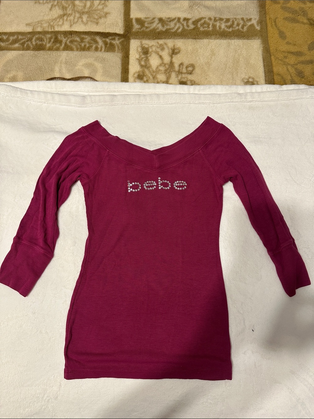bebe Raspberry Off-Shoulder Rhinestone Logo Top - Picture 2 of 4